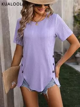 Новая летняя женская одежда, женская футболка с круглым вырезом и жаккардовым топом с короткими рукавами и пуговицами S белый