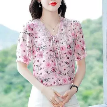 Новая летняя женская рубашка из шифона с бантом и цветочным принтом, топ с кукольным воротником, блузка с короткими рукавами, M-4XL