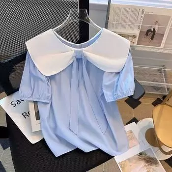 Новая летняя женская рубашка с короткими рукавами, женская блузка с французским шнуровкой и бантом, милый однотонный топ Blusas onesize небесно-голубой