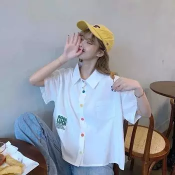 Новая летняя женская рубашка с радужными пуговицами, женская блузка с милым откидным воротником в консервативном стиле Blusas M розовый