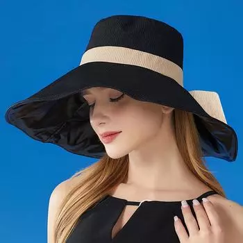 Новая летняя женская шляпа от солнца с защитой от ультрафиолета и широкими полями, пляжная шляпа с гибкими складками, солнцезащитные шляпы с рулонами, повседневная модная дышащая шляпа от солнца с бантом one size :56-58cm чёрный