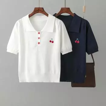 Новая летняя женская вязаная футболка с вышивкой, модная футболка с воротником поло, женский повседневный топ с короткими рукавами One Size синий