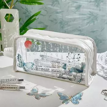 Новая литературная сумка для карандашей в китайском стиле, высококачественная сумка для карандашей для студентов, большая вместимость, прозрачная водонепроницаемая канцелярская коробка белый