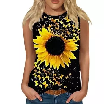 Новая майка с 3D-принтом подсолнуха, женская майка с круглым вырезом, повседневная цветочная майка, с открытыми плечами, Y2k, элегантный топ без рукавов, майка, женская одежда S
