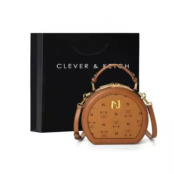 Новая маленькая круглая сумка премиум-класса с винтажным принтом, сумка через плечо, сумка через плечо, подарок на день рождения, длина 20 см в ширину, 8 см в высоту 17,5 коричневый