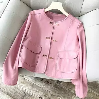 Новая маленькая куртка из овчины с круглым вырезом, женская куртка в мотоциклетном стиле, розовая, тонкая, короткая куртка S