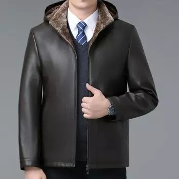 Новая меховая кожаная куртка для мужчин, зимняя, новая, утепленная, для мужчин среднего возраста, деловая, повседневная, с капюшоном 170