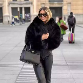 Новая меховая куртка женская короткая куртка из лисьего меха модная теплая осенне-зимняя меховая плюшевая женская одежда S чёрный