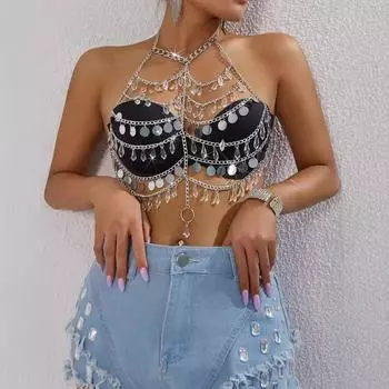 Новая металлическая цепочка с драгоценными камнями, жилет-халтер, женская сексуальная одежда one size fits all серебряный