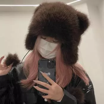 Новая милая меховая шапка-ушанка с маленьким медвежонком, ветрозащитная шапка Lei Feng, зимняя для женщин, роскошная теплая защита для ушей, теплые плюшевые шапки
