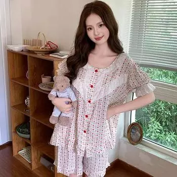 Новая милая пижама для женщин, летняя, из чистого хлопка, тонкая, с короткими рукавами, летняя домашняя одежда, комплект из двух предметов M