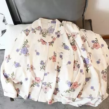 Новая милая пижама с цветочным принтом Kawaii, домашняя одежда для женщин, осенняя пижама, домашняя одежда, топ с длинным рукавом и штаны, комплект из 2 предметов M