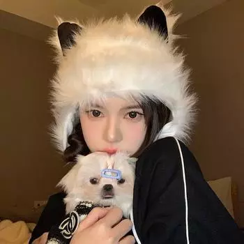 Новая милая плюшевая шапка Lei Feng с кроличьими ушками, детская зимняя теплая игривая панама на шнуровке