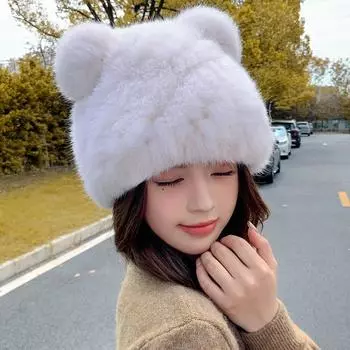 Новая милая шапка с ушками из натурального меха медведя и кролика, женская осенне-зимняя плюшевая вязаная шапка, утолщенная, морозостойкая и теплая One size, elastic