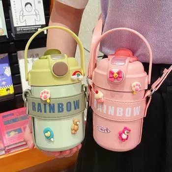 Новая милая соломенная термобутылка для воды с двойным напитком и изоляционным кожаным чехлом для детей, студентов, портативная термокружка для кофе, чая и пузырьков 600ml