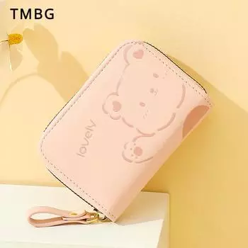 Новая мини-сумка для карточек с несколькими слотами и молнией для девочек, милый короткий кошелек с мультяшным медведем, держатель для карт для учащихся средних и старших классов, подарки на фестиваль богини розовый