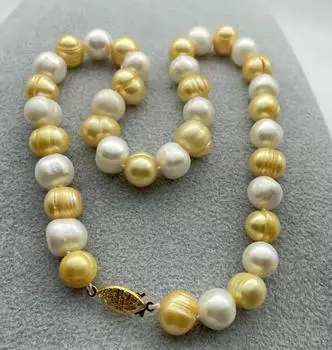 Новая мода 10-11 мм белый желтый натуральный пресноводный жемчуг ожерелье 17 дюймов
