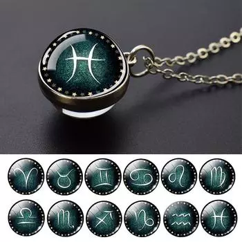 Новая мода 12 созвездий стеклянный шар кулон ожерелье знак зодиака ожерелье для мужчин женщин подарок на день рождения