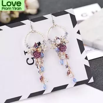 Новая мода 1 пара, серьги-капли с цветочным узором, хрустальными бусинами и кисточками для женщин, длинные цепочки со стразами и кристаллами