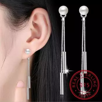 Новая мода 925 пробы стерлингового серебра серьги-гвоздики простые жемчужины длинные кисточки серьги-подвески для женщин ушные украшения Brincos Bijoux