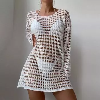 Новая мода бикини прикрыть повседневная рубашка женская сексуальная сетка полый вязаный купальник блузка женская летняя пляжная защита от солнца свободные рубашки 24466 One Size чёрный