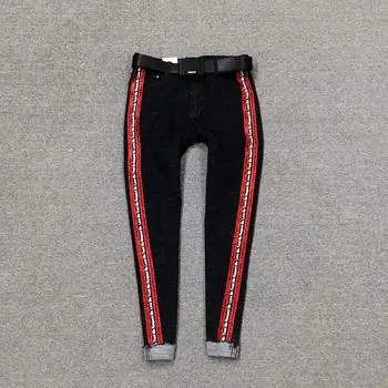 Новая Мода Буквы сбоку Яркая Шелковая Лента Брюки-гаремы Side red Denim 2XL