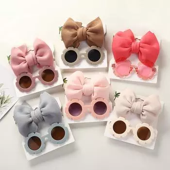 Новая мода, детский комплект солнцезащитных очков с повязкой на голову, повязка на голову принцессы с большим бантом, аксессуары для девочек, детские солнцезащитные очки для пляжа, От 0 до 4 лет