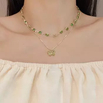 Новая мода двойной зеленый циркон кристалл бабочка кулон ожерелье женские украшения