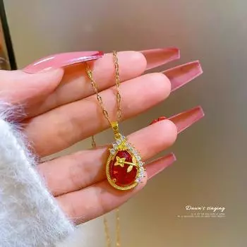 Новая мода, инкрустированный рубином, подвеска в форме капли, цветок, сокровище, капля воды, женское ожерелье с инкрустацией из циркона