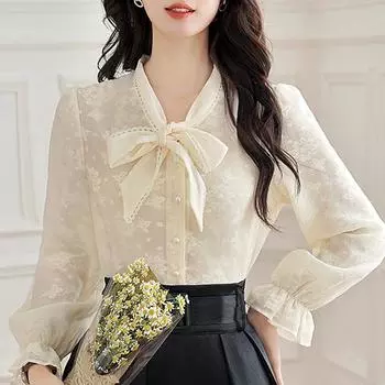 Новая мода осень 2024 года длинный рукав шнуровка бант воротник кружева шифон блузка рубашка женские топы блузки рубашки J420 S абрикосовый