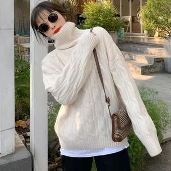 Новая мода осень свободный свитер с высоким воротом женский элегантный однотонный повседневный теплый пуловер вязаный свитер для женщин зимние винтажные облегающие джемперы 25525 One Size абрикосовый