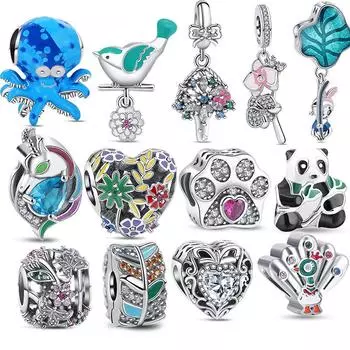 Новая мода, подвесные бусины из стерлингового серебра 925 пробы, осьминог, птица, лапка павлина, оригинальный брендовый браслет, женские ювелирные изделия, подарок