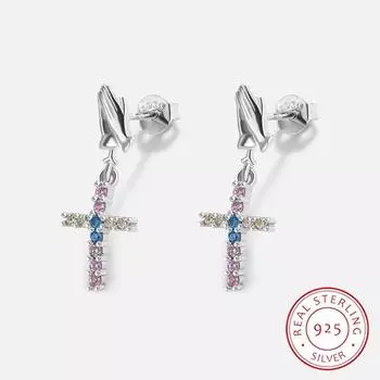Новая мода Радужный Крест Розовый Шампанское Циркон Серьги Для Женщин Оригинальный Стерлингового Серебра S925 Ювелирные Изделия Подарок На Годовщину белый