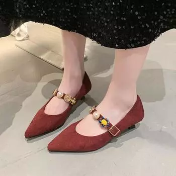 Новая мода ретро женская обувь металлические каблуки неглубокий носок роскошные туфли Мэри Джейн сандалии дамы металлик мода последний низкий бархат 35 красный