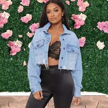 Новая мода синие винтажные джинсовые куртки женские уличные повседневные свободные короткая куртка женские элегантные полые карманы пуговицы женские пальто 24911 XS синий