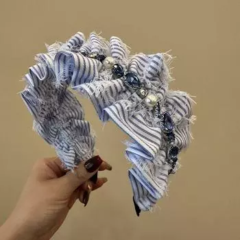 Новая Мода Синяя Полосатая Винтажная Бант Алмазная Бусина Роскошная Повязка на Голову Кристалл Широкие Аксессуары для Волос Повязка на Голову для Женщин