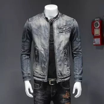 Новая мода Slim Fit Мужская стоячая молния Harley Мотоциклетная джинсовая куртка Мужское пальто