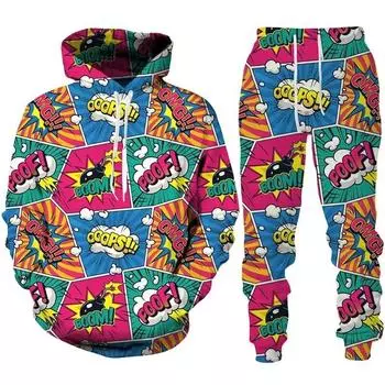 Новая мода Смешные граффити Мужские толстовки с капюшоном 3D Печать Спортивная одежда Толстовка Комплект Хип-хоп Повседневный комплект из двух предметов Мужская одежда S
