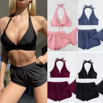 Новая мода сплошной цвет спортивный бикини купальники комплект из трех частей сексуальный ремень с открытой спиной купальники консервативные четырехугольные брюки пляжное бикини S чёрный