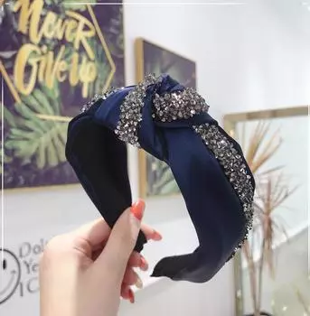 Новая Мода Стразы Повязка на Голову Женская Однотонная Широкая Повязка на Голову с Узлом Посередине Тюрбан Девушки Осень Зима Аксессуары для Волос Головной Убор