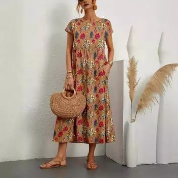 Новая мода Свободное хлопково-льняное платье Женское летнее платье с коротким рукавом и круглым вырезом с принтом Женские элегантные винтажные повседневные платья Lady 24195 S красный
