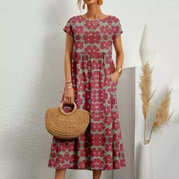 Новая мода Свободное хлопково-льняное платье Женское летнее платье с коротким рукавом и круглым вырезом с принтом Женские элегантные винтажные повседневные платья Lady 24195 S красный