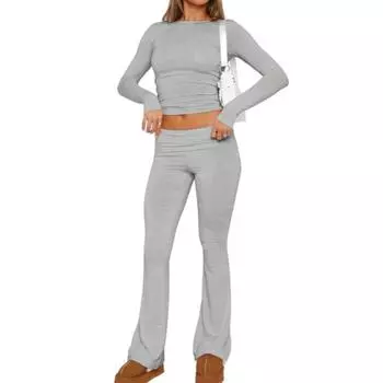 Новая мода топы с длинными рукавами и длинные брюки костюм женский комплект из 2 предметов облегающий наряд 2024 повседневная короткая блузка 1121110-18 S чёрный