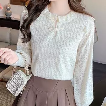 Новая мода Винтаж Свободная кружевная рубашка Женская с длинным рукавом Slim Fit с круглым вырезом Женская блузка Элегантные простые однотонные офисные женские топы 24232 S абрикосовый