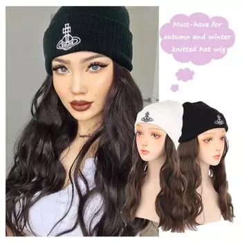 Новая мода в Европе и Америке вьющиеся волосы каштановые волосы черные волосы парик леди вязаная шапка парик 2 в 1