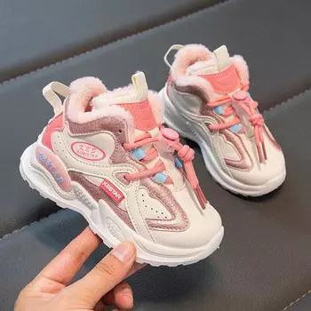 Новая мода в корейском стиле для девочек, детей, зимняя повседневная обувь для ходьбы, бега, спорта, повседневная хлопковая обувь, детские кроссовки на платформе, сохраняющие тепло 28 розовый