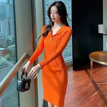 Новая мода весна осень тонкий ретро дизайн повседневное с капюшоном женское облегающее платье до талии и бедра трикотажное платье женское One Size чёрный