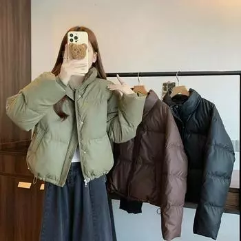 Новая мода воротник-стойка короткая хлопковая куртка женская теплая куртка с затяжкой хлопковая куртка женское пальто M чёрный