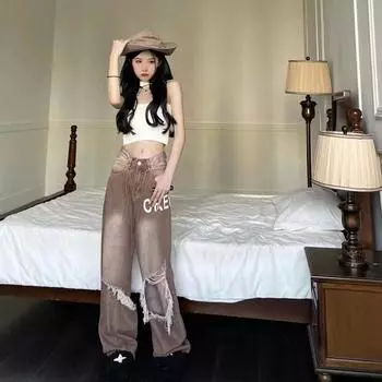 Новая мода, высокое качество, большие размеры, рваные джинсы в стиле ретро, женские свободные брюки с буквенным принтом, широкие брюки с высокой талией, мм, Tide S синий