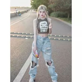 Новая мода, высококачественный дизайн, сексуальные свободные рваные джинсы, женские рваные свободные брюки с высокой талией, прямые широкие брюки S синий